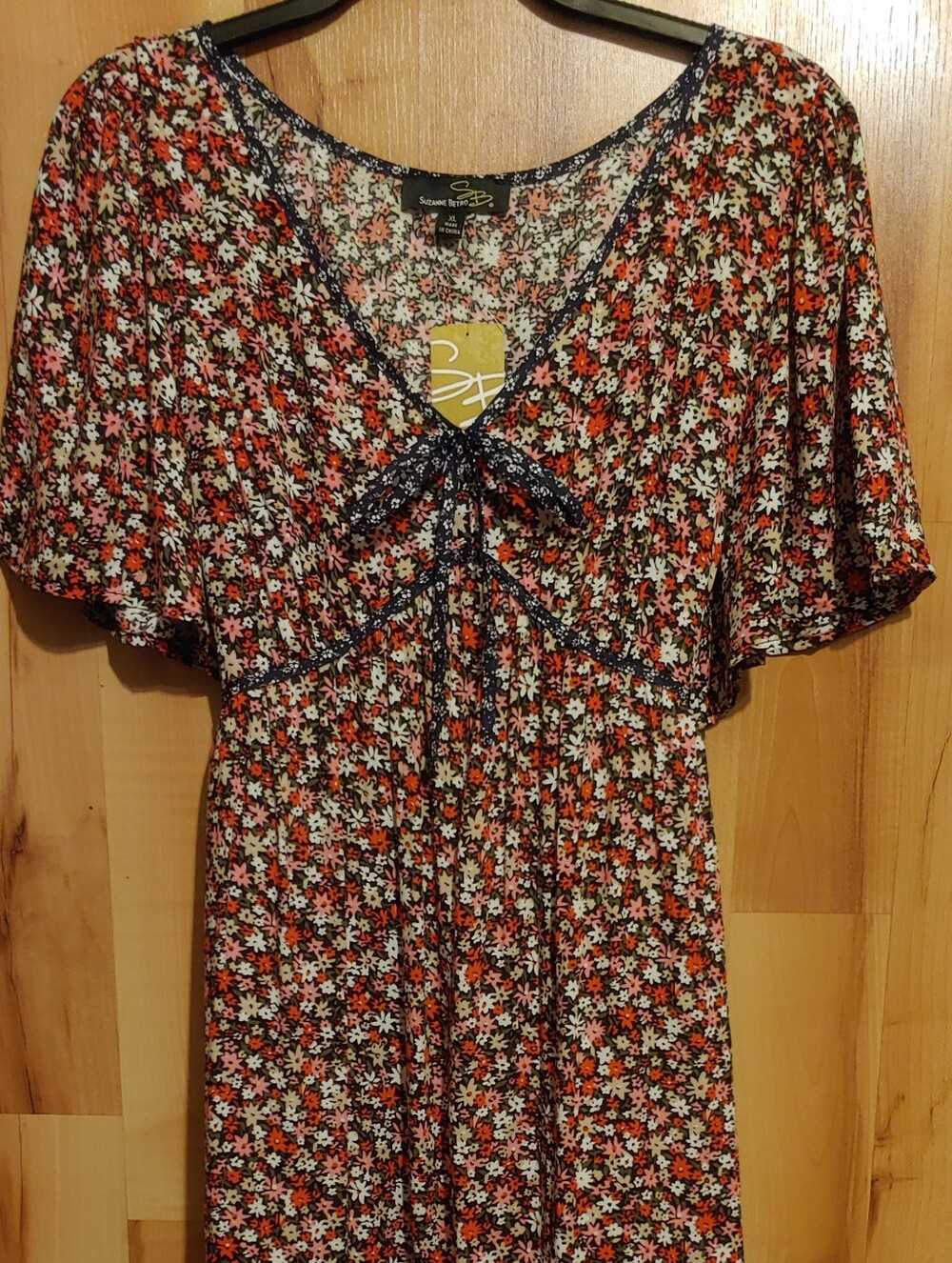 Suzanne Betro XL Boho Flutter Sleeve Floral Empire Waist Midi Dress Multicolor